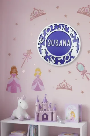 Cartel Madera Infantil Princesas y Castillos - Personalizado Color Morado